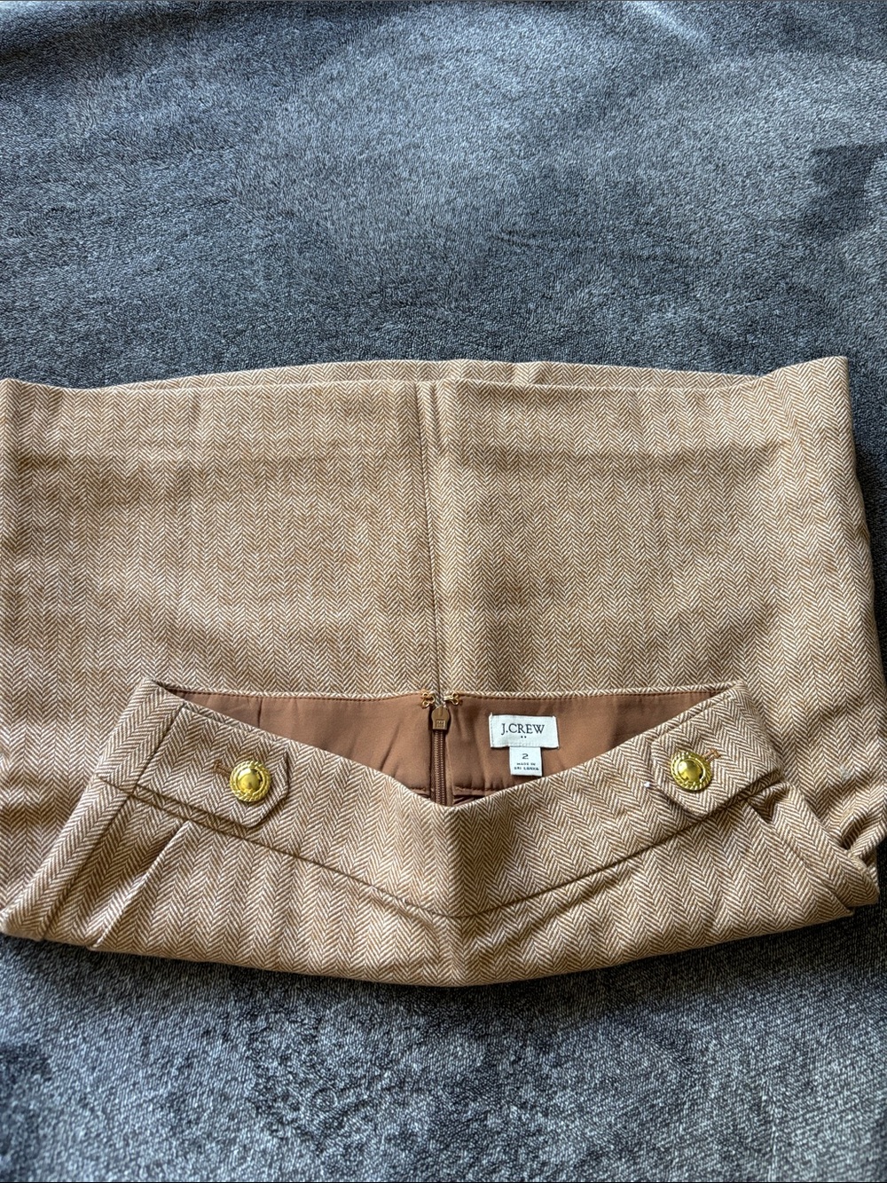 J. Crew Camel Herringbone Skirt with Gold Buttons